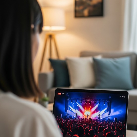 Uma mulher assistindo a um show pelo computador na sala de casa.